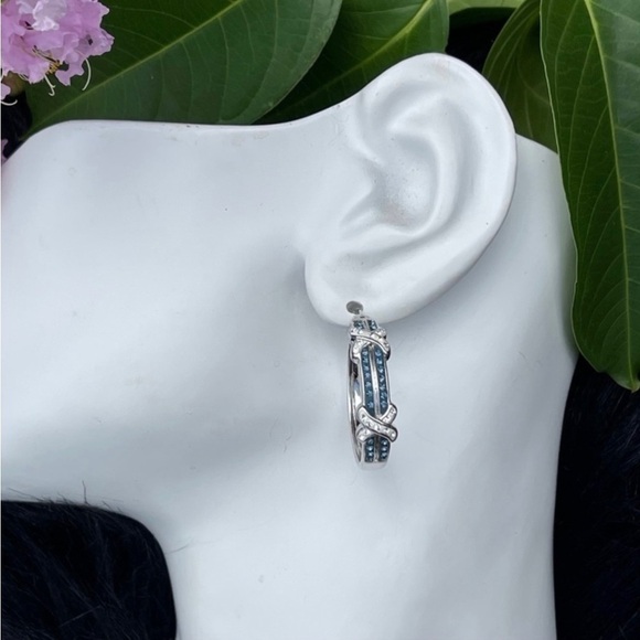NWT Savvy Cie Rhodium Plated Pave Blue Crystal & SilverTone Hoop Earrings - Picture 10 of 12